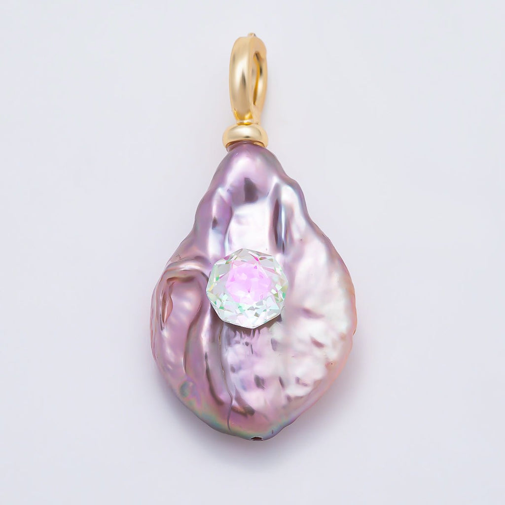18K Gold Filled 30mm Iridescent CZ Purple Baroque Freshwater Pearl Pendant | Charms-01570
