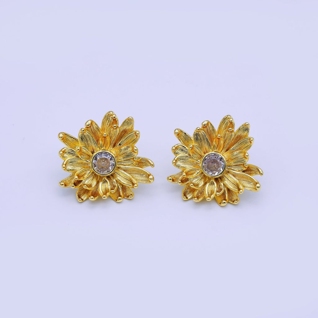 24K Gold Filled 27mm Clear Round CZ Flower Textured Stud Earrings | AI498
