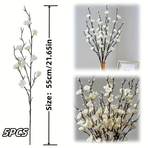 50 Stems = 5 Bundles of Artificial White Long-Stemmed Plum Blossoms - Realistic Plastic White Jade Flowers, for Outdoor/Indoor Decor, Suitable for Home, Office, Wedding, and Party Decorations, Perfect for Table, Dining Room,