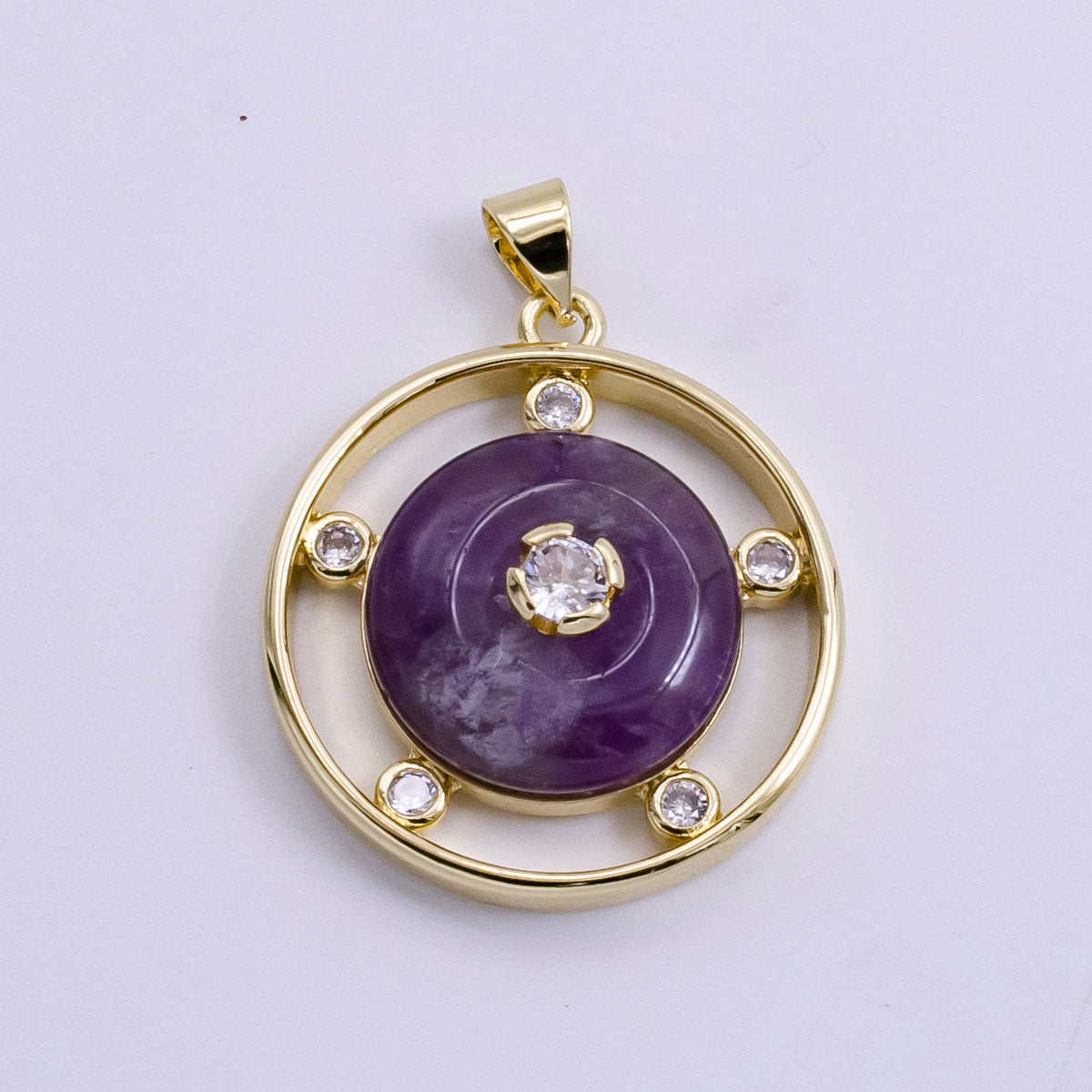 14K Gold Filled 30mm Clear Quartz, Rose Quartz, Amethyst CZ Open Round Pendant | AH055 - AH057