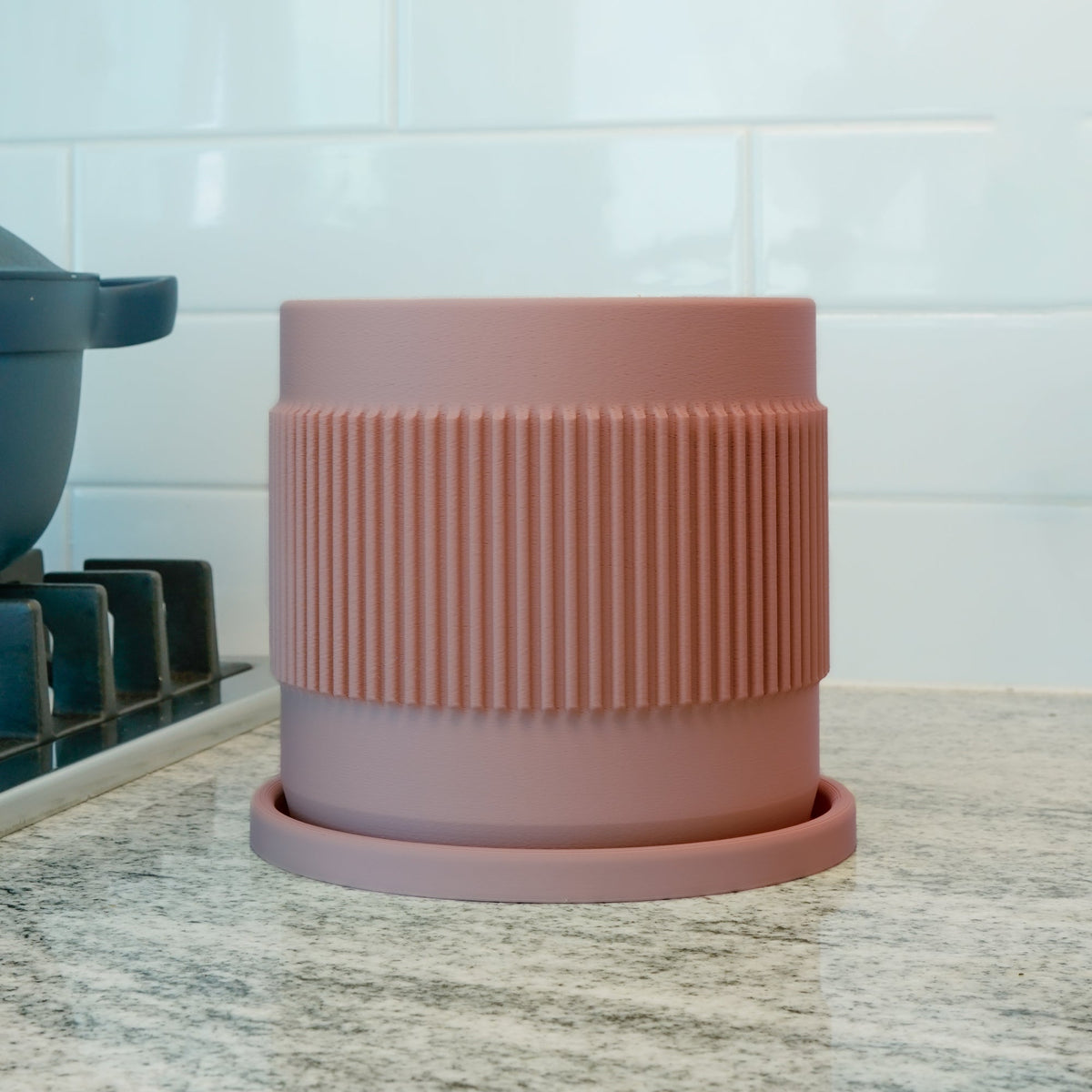 Half Mid-Century Ribbed Planter with Drainage and Saucer