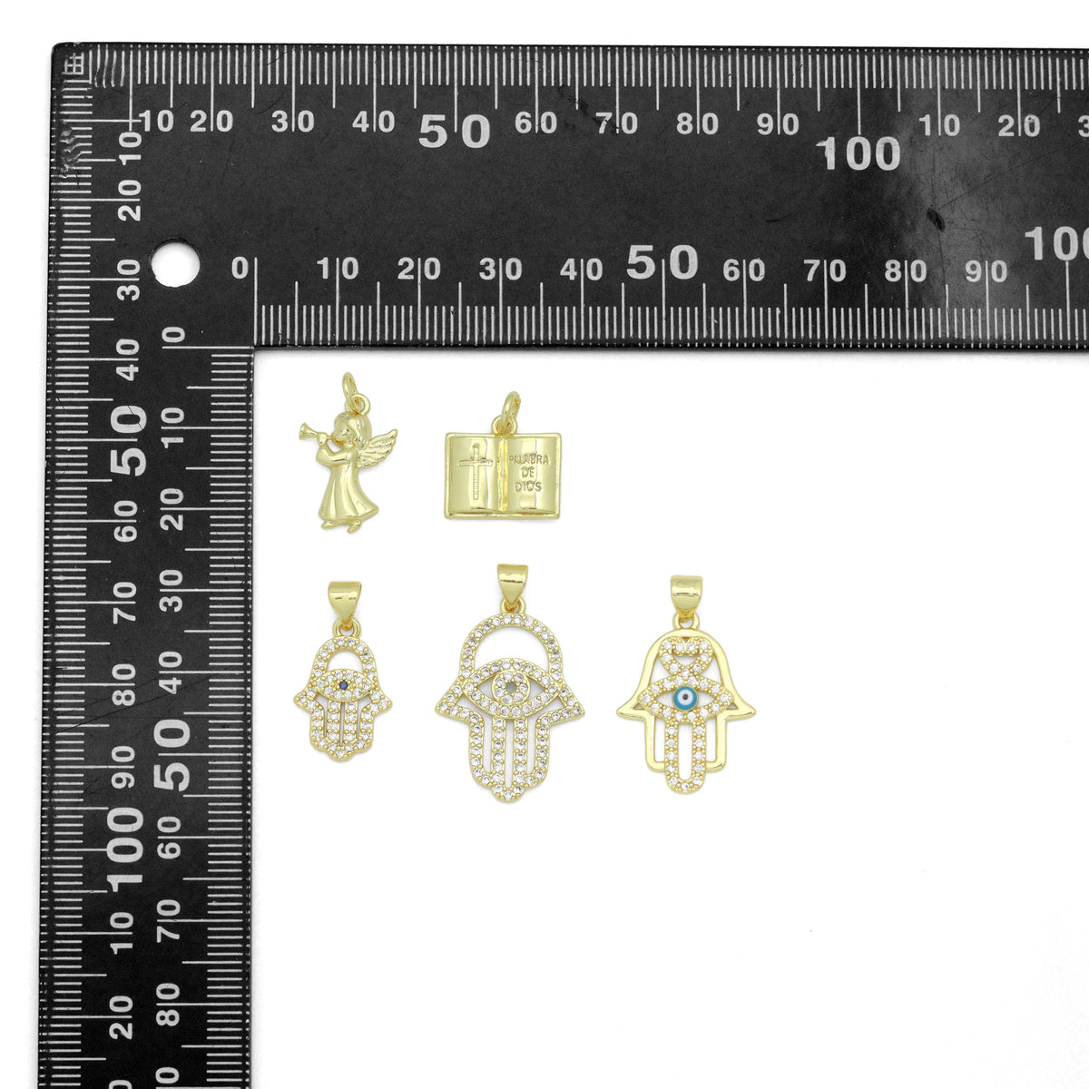 Bible Angel Gold Evil Eye On Hamsa Hand Charm Pendant, Sku#LK1305