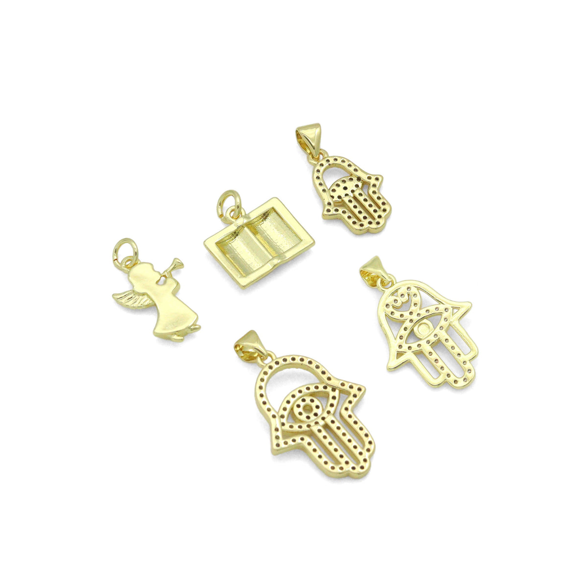 Bible Angel Gold Evil Eye On Hamsa Hand Charm Pendant, Sku#LK1305