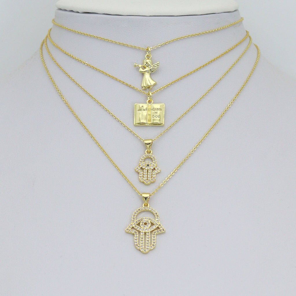 Bible Angel Gold Evil Eye On Hamsa Hand Charm Pendant, Sku#LK1305