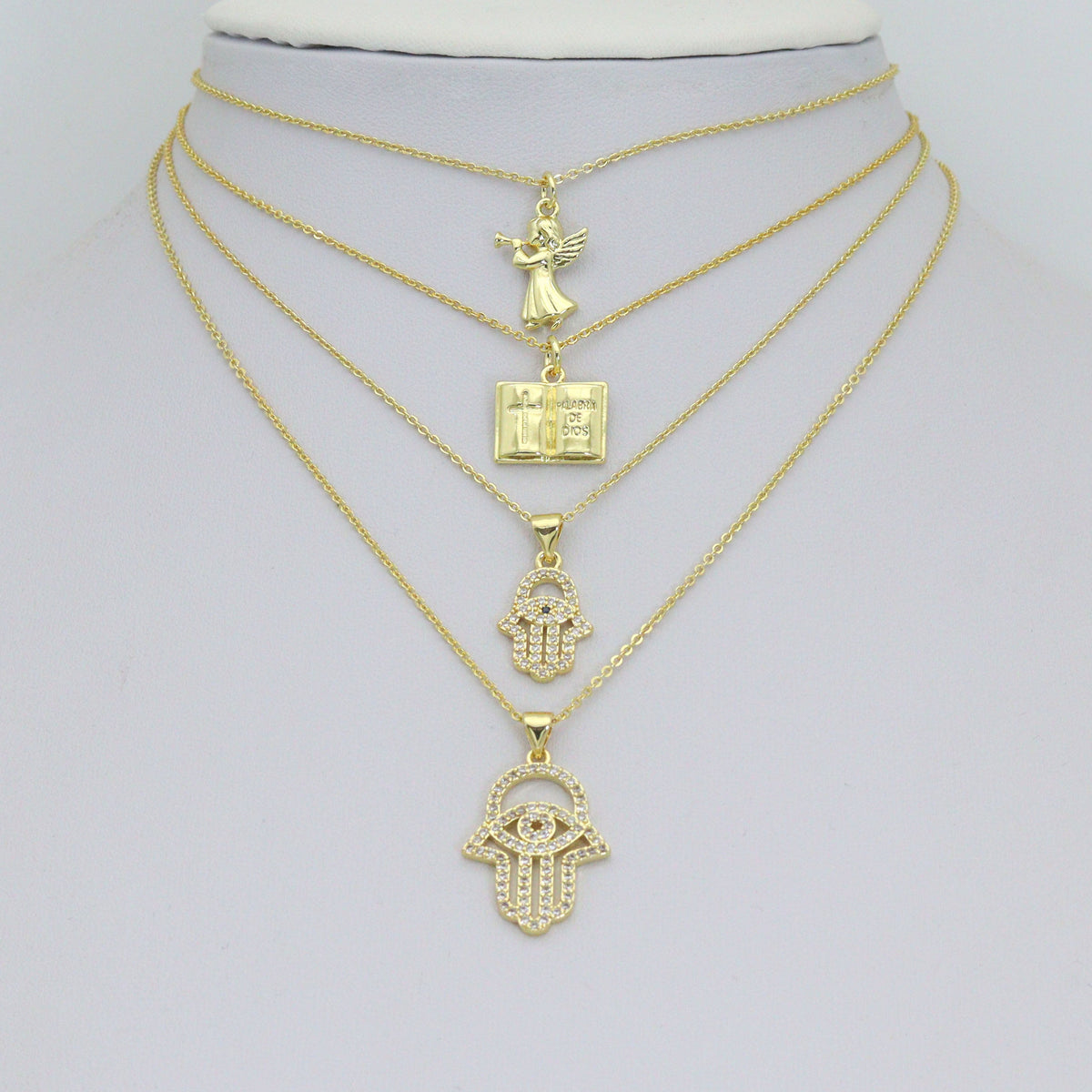 Bible Angel Gold Evil Eye On Hamsa Hand Charm Pendant, Sku#LK1305