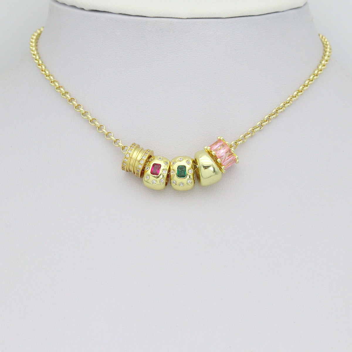 Pink Green CZ Gold Large Hole Oval Spacer Beads Charm Pendant, Sku#LX967
