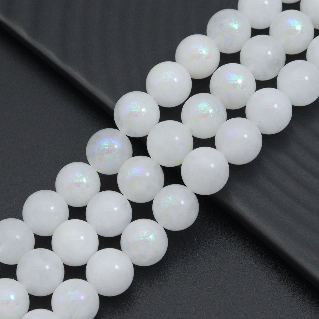 Mystic White Jade Beads, White Iridescent Round Jade Beads, 16inch full strand, sku#U2392