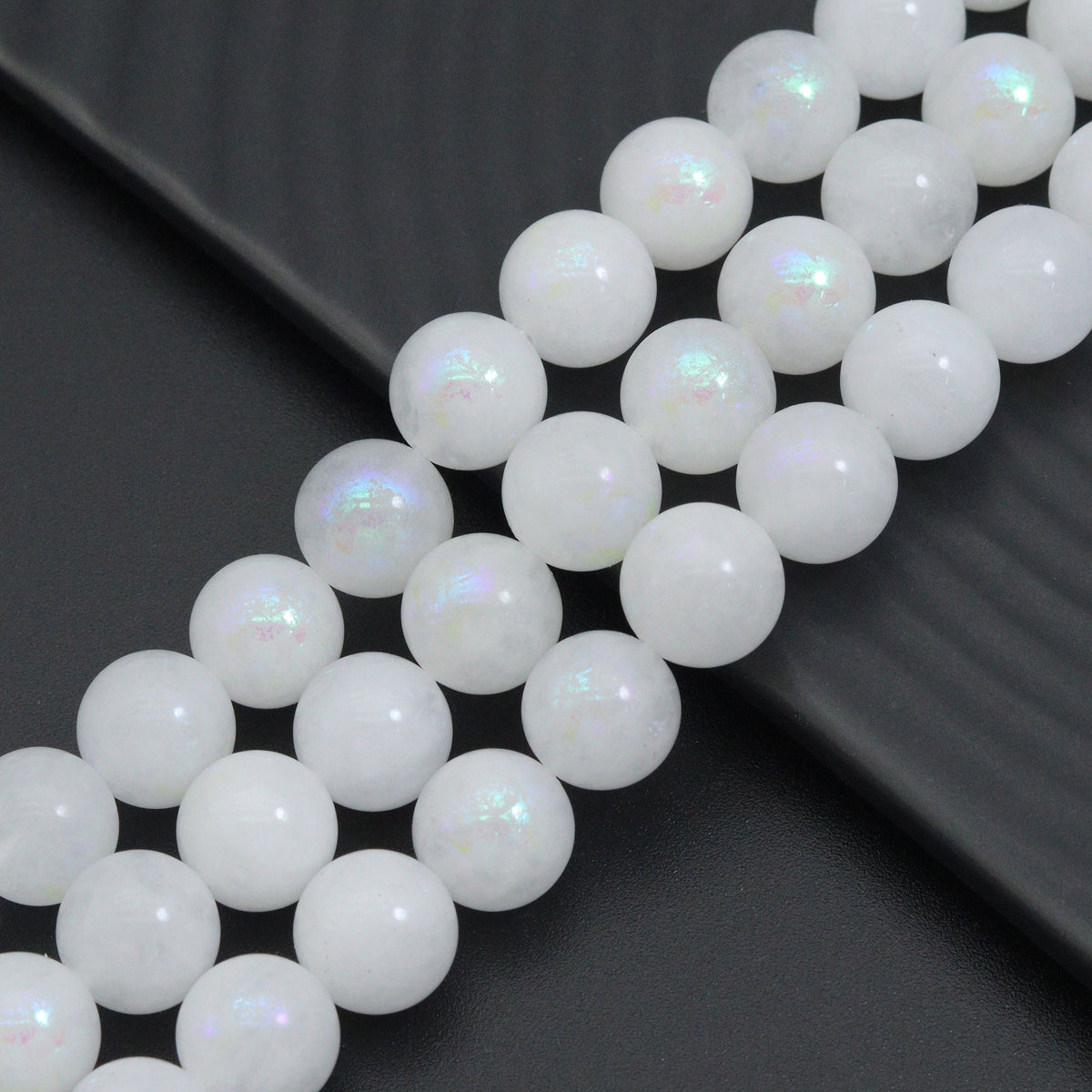 Mystic White Jade Beads, White Iridescent Round Jade Beads, 16inch full strand, sku#U2392