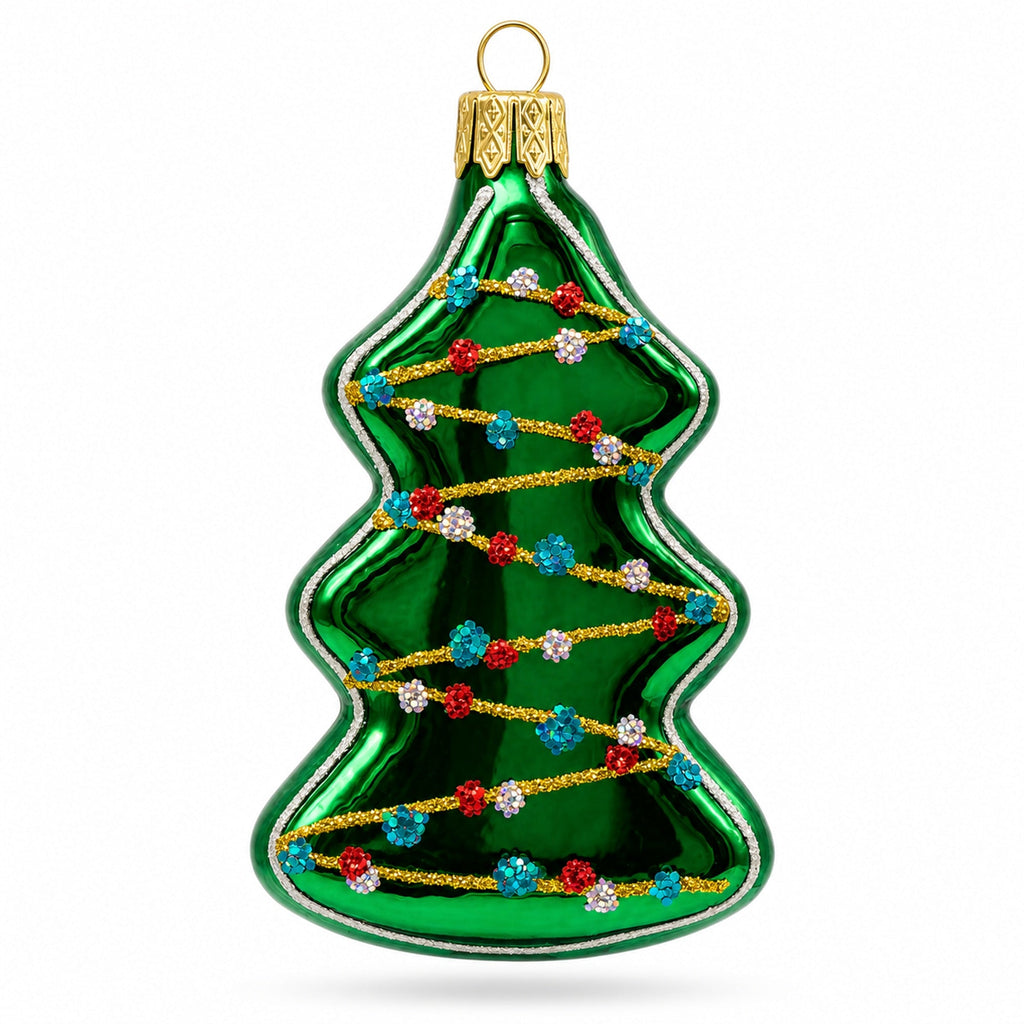 Green Tree with Gold Garland Glass Christmas Ornament
