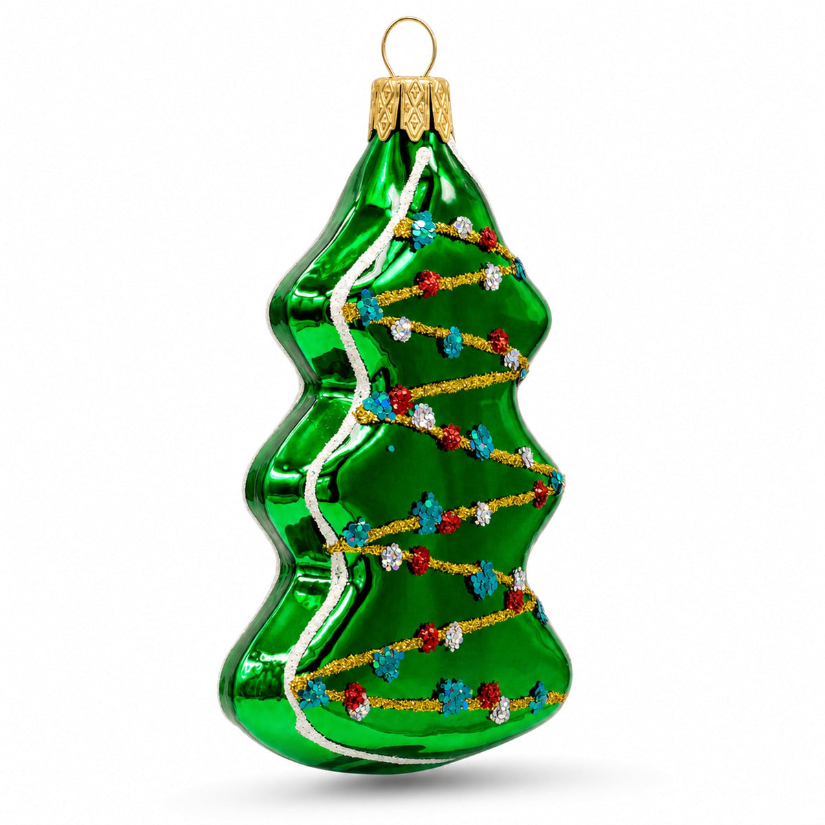 Green Tree with Gold Garland Glass Christmas Ornament