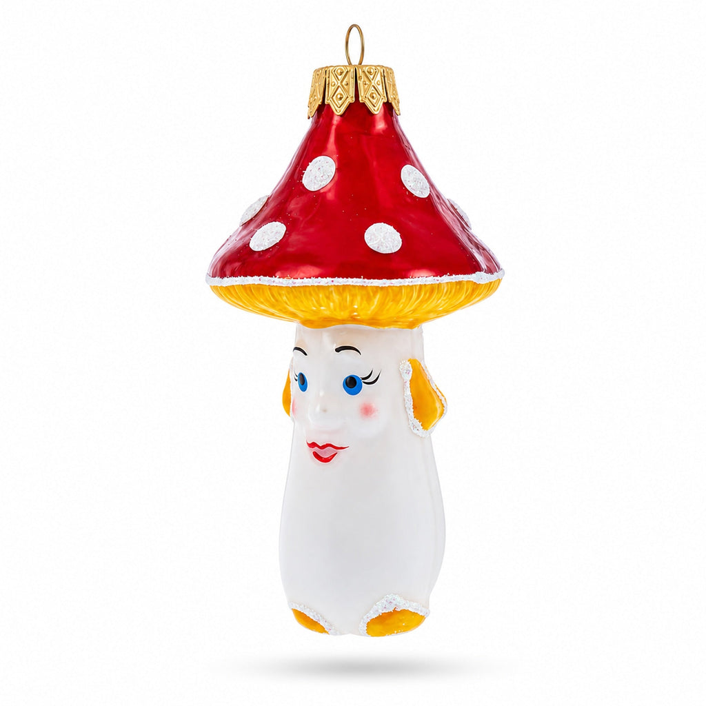 Mushroom with Red Cap and White Dots Glass Christmas Ornament