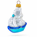 Sailing Ship with White Sails and Blue Hull Glass Christmas Ornament