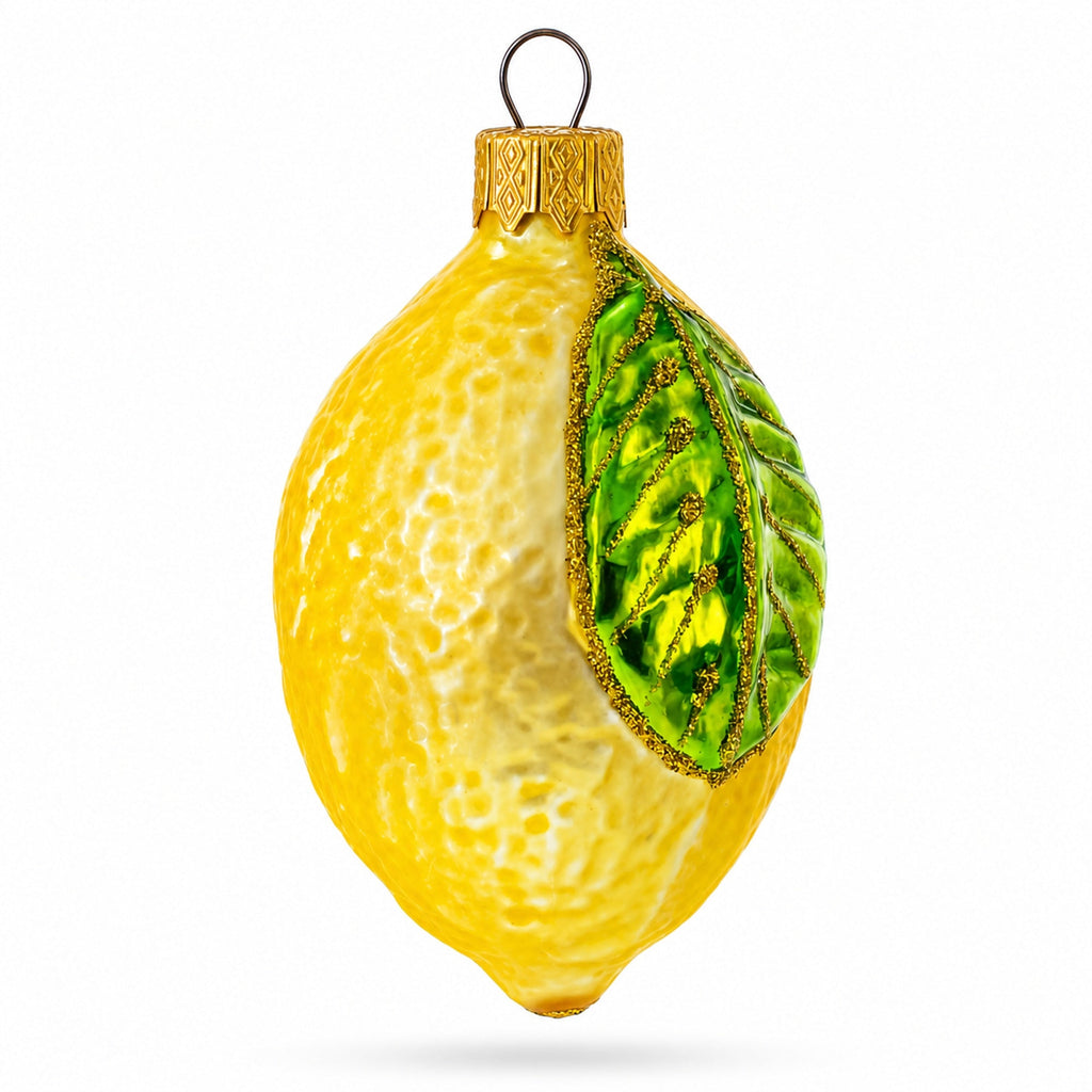 Lemon with Green Leaf Glass Christmas Ornament 3.7 Inches