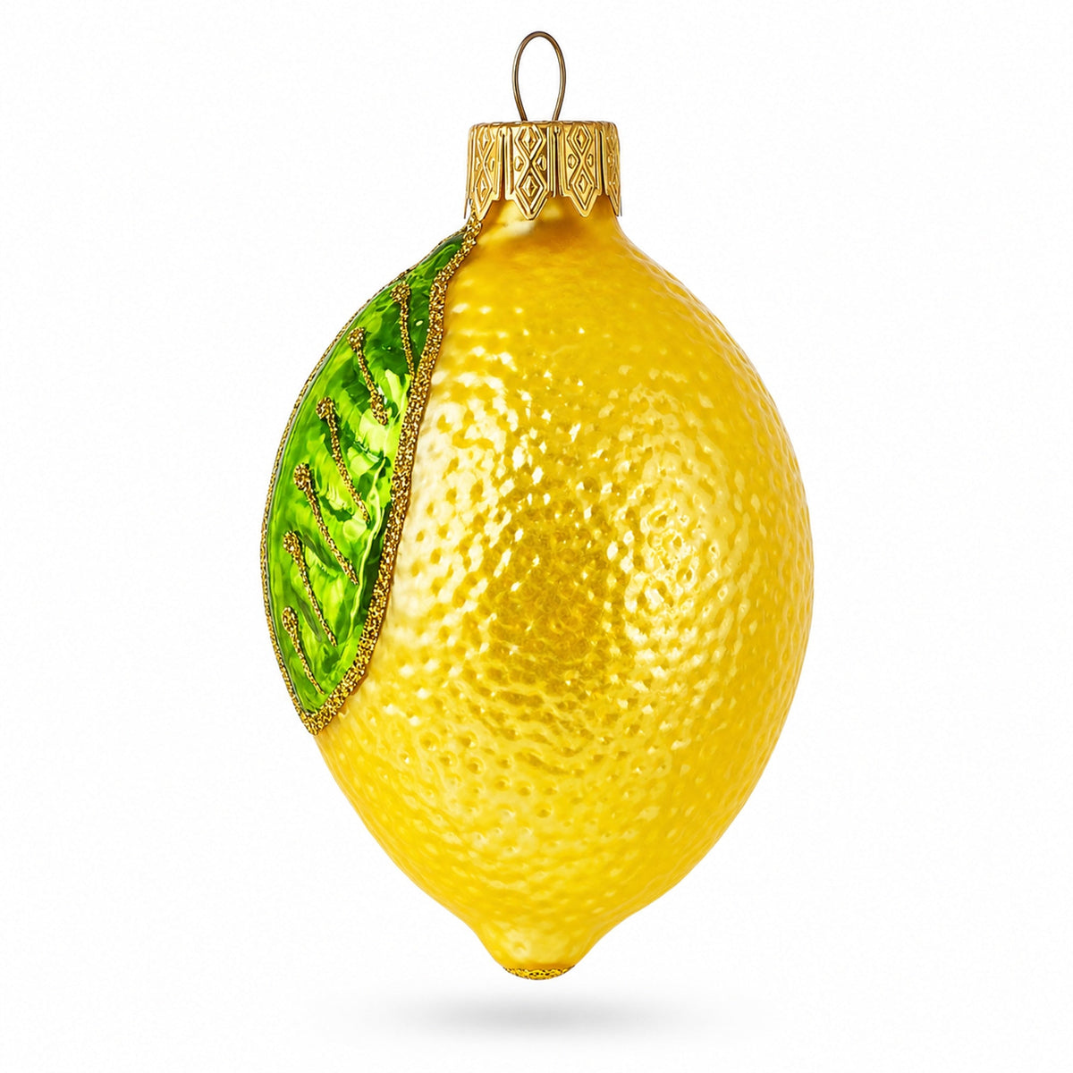 Lemon with Green Leaf Glass Christmas Ornament 3.7 Inches