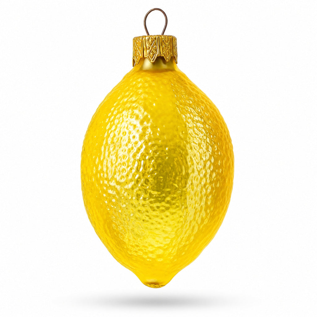 Lemon with Green Leaf Glass Christmas Ornament 3.7 Inches