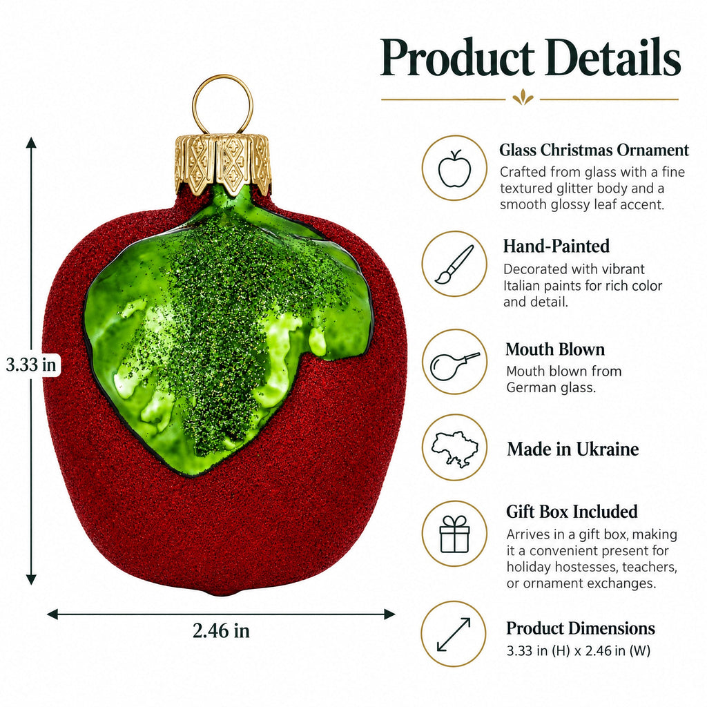 Red Apple with Green Leaf Glass Christmas Ornament