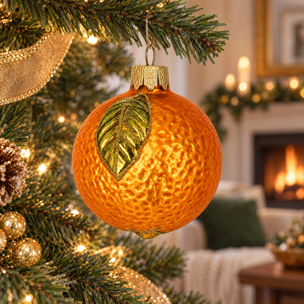 Orange with Shiny Leaf Glass Christmas Ornament 3 Inches