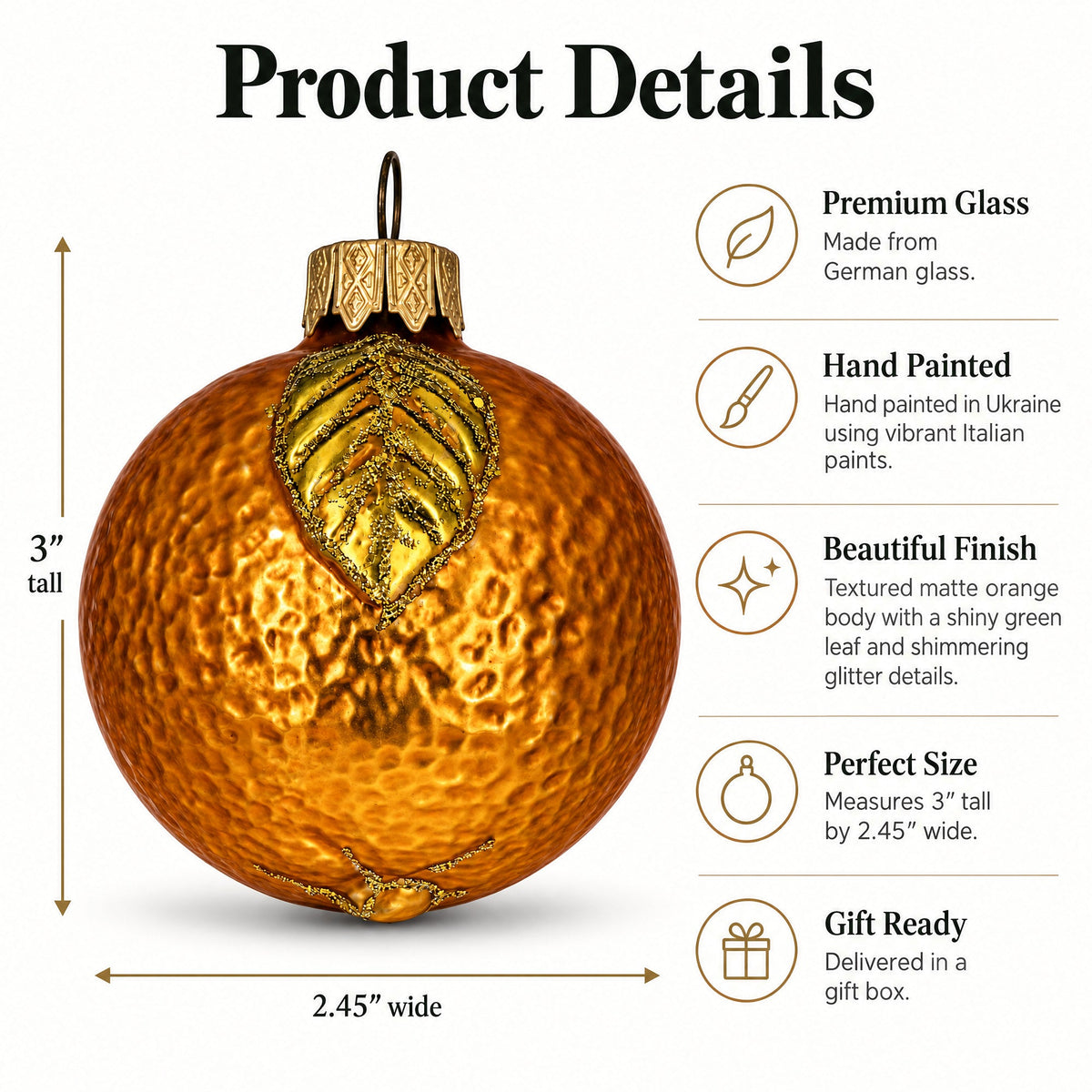 Orange with Shiny Leaf Glass Christmas Ornament 3 Inches