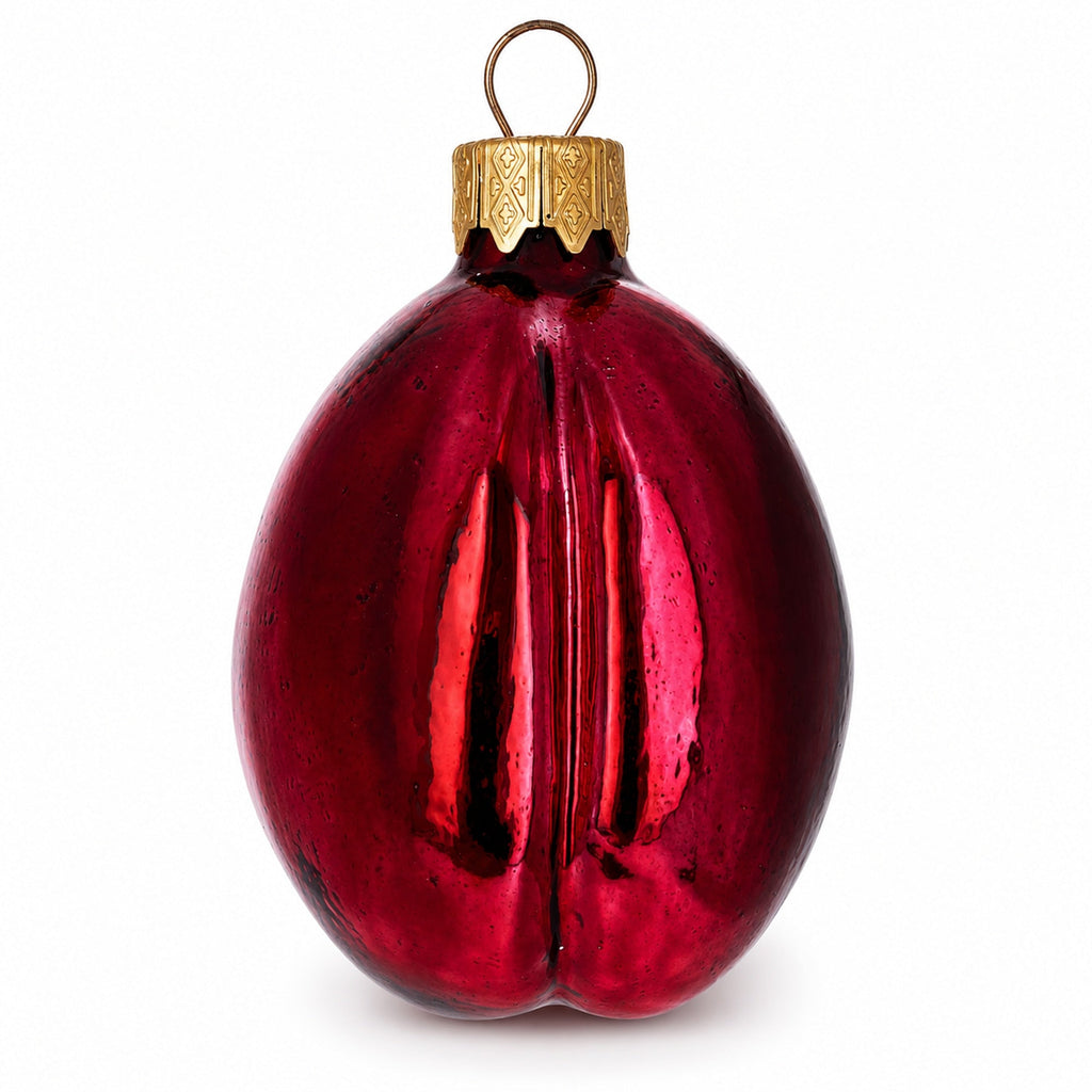Red Plum with Green Leaf Glass Christmas Ornament