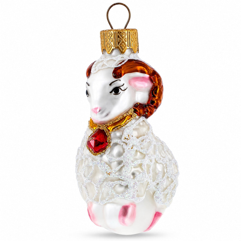 White Ram with Red Bell Glass Christmas Ornament