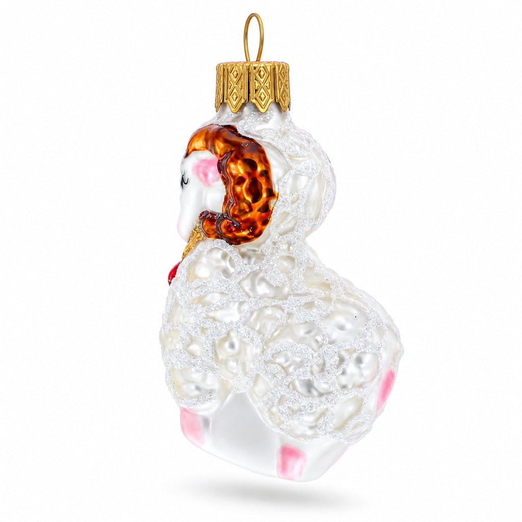 White Ram with Red Bell Glass Christmas Ornament