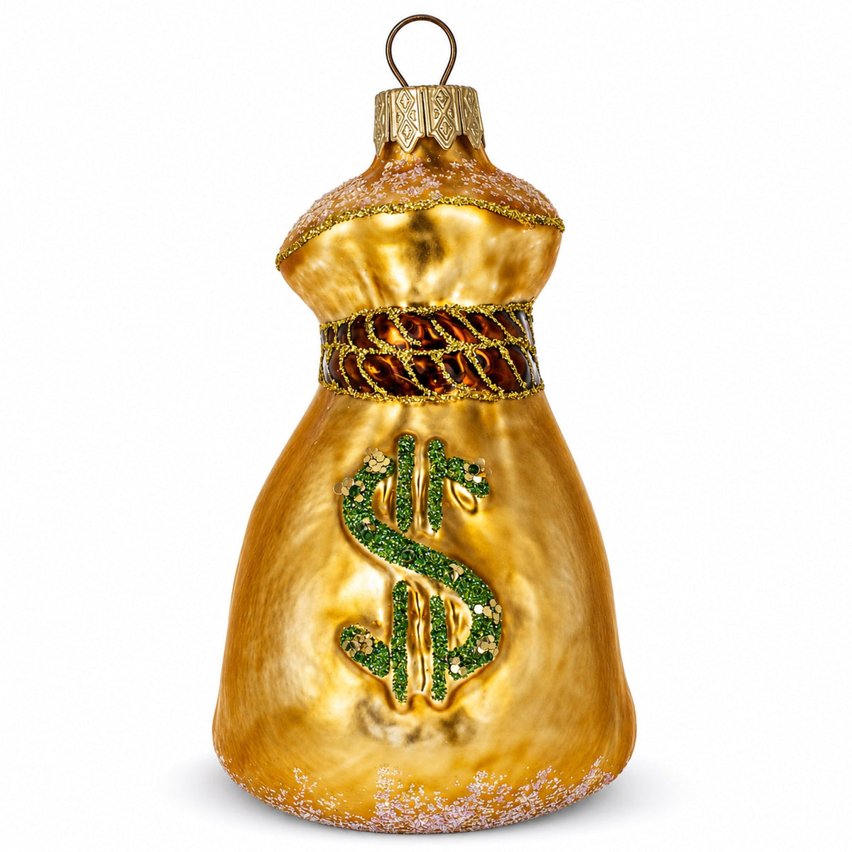 Gold Money Bag With Green Dollar Sign Glass Christmas Ornament