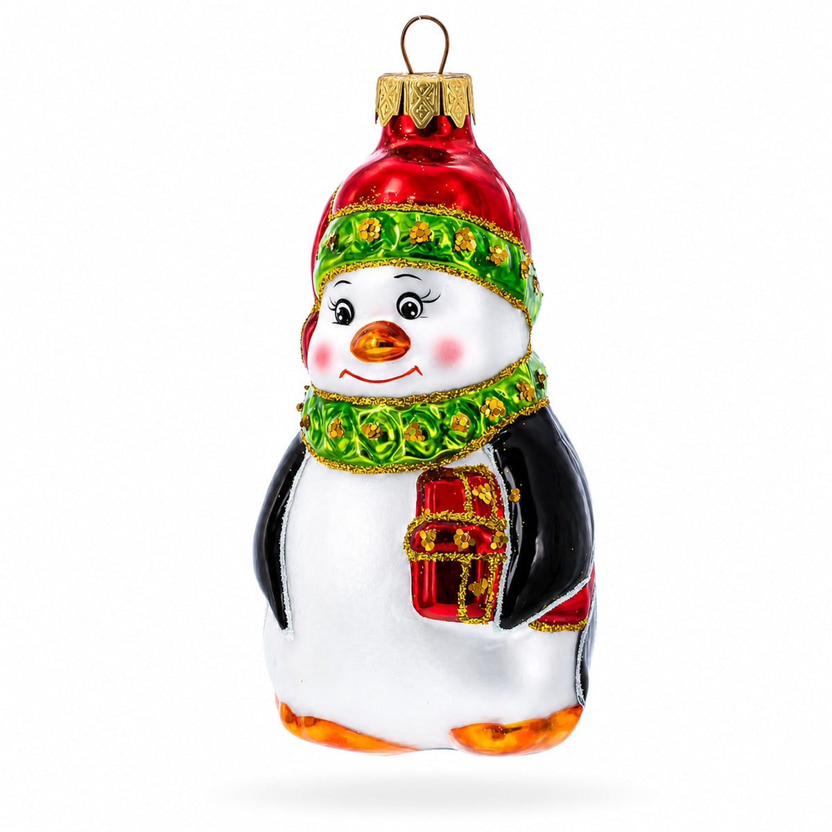 Penguin in Santa Hat with Red Present Glass Christmas Ornament