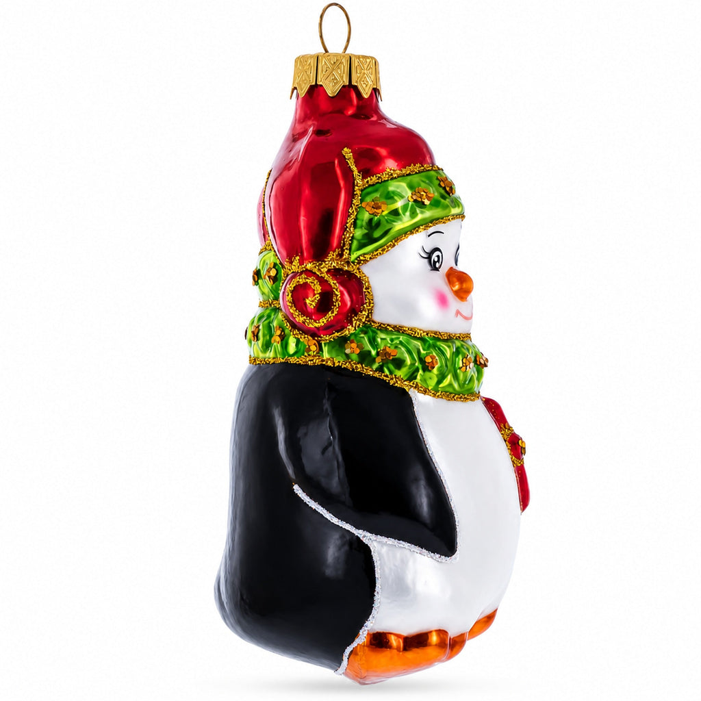 Penguin in Santa Hat with Red Present Glass Christmas Ornament