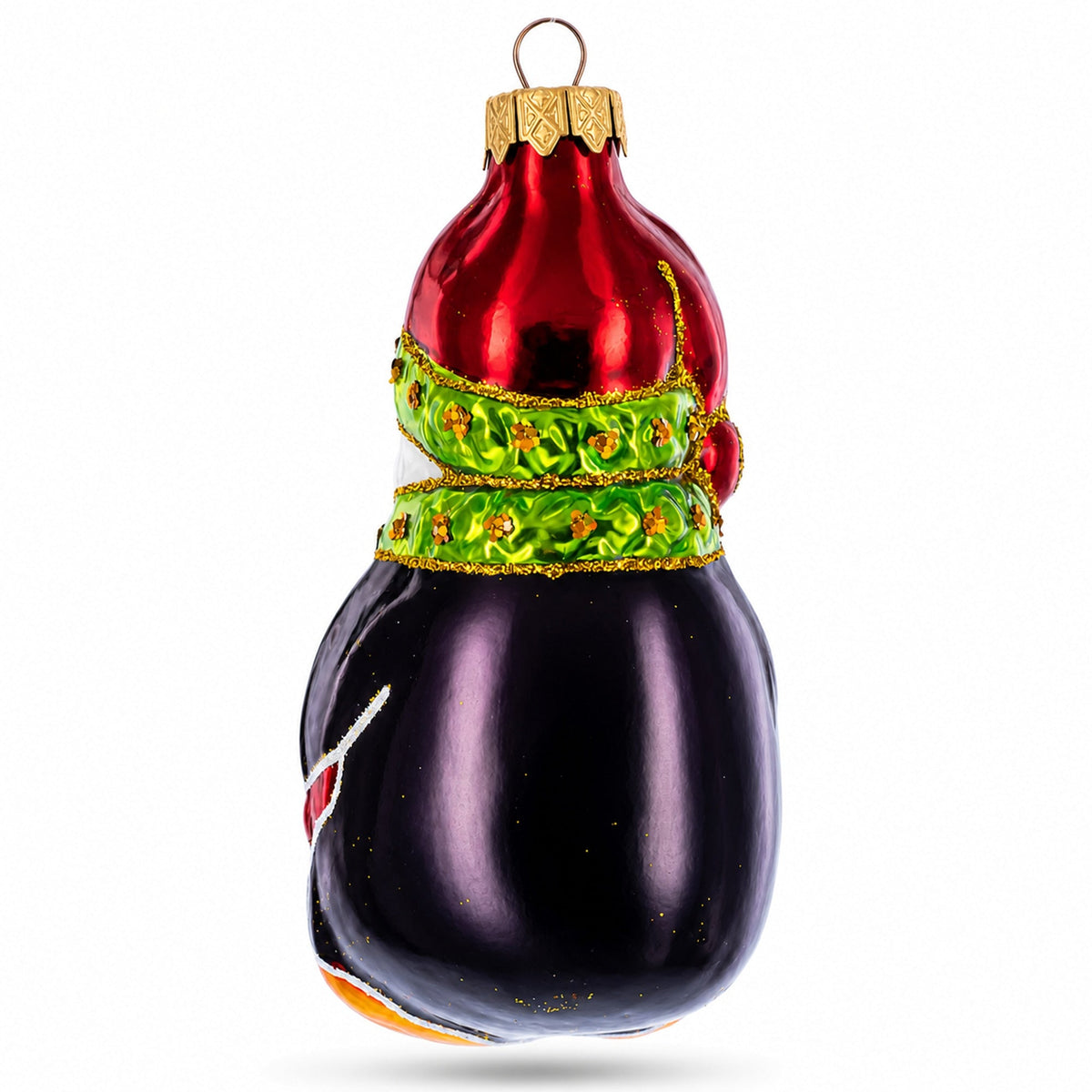 Penguin in Santa Hat with Red Present Glass Christmas Ornament