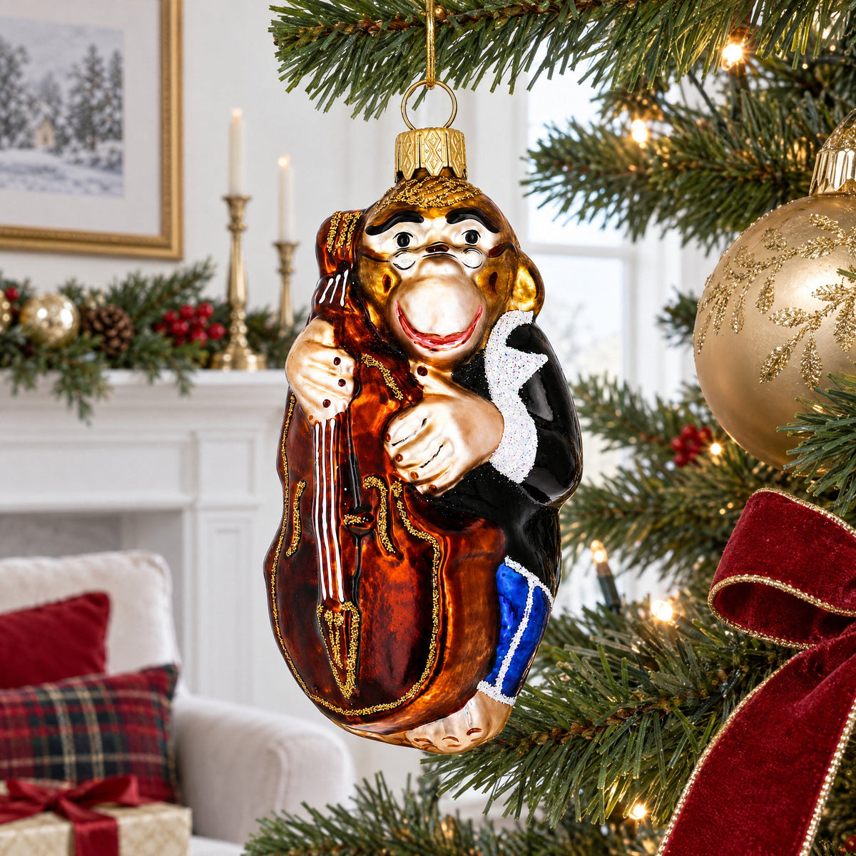 Musician Monkey Playing Cello Glass Christmas Ornament