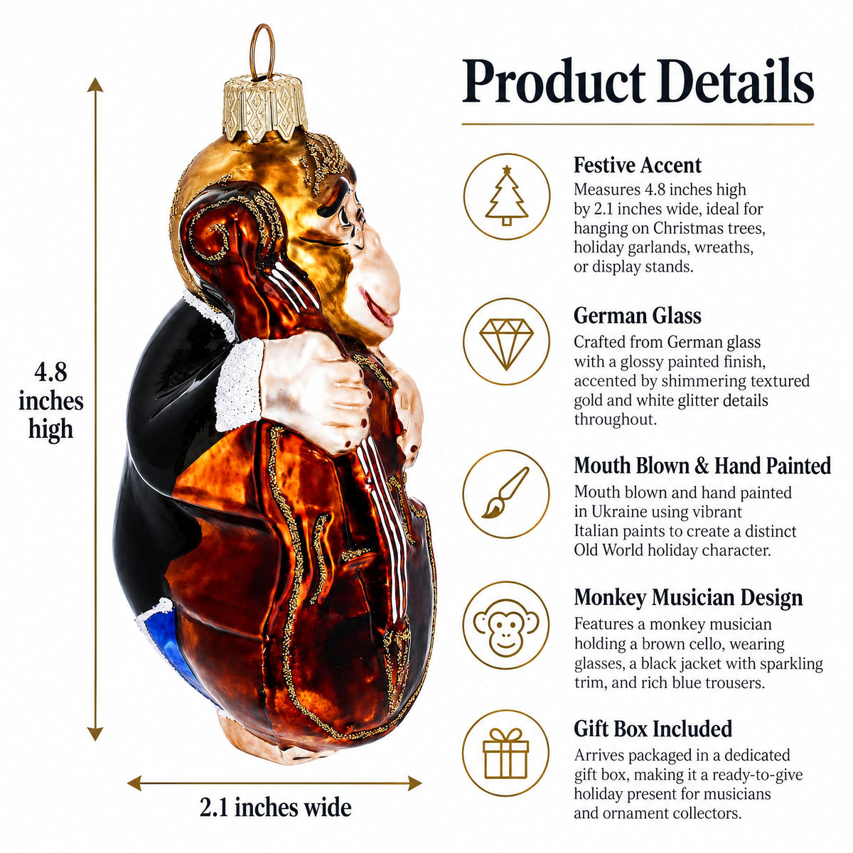 Musician Monkey Playing Cello Glass Christmas Ornament