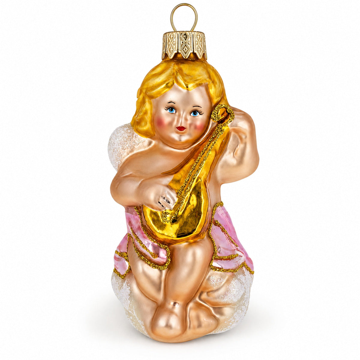 Cherub Angel Musician Playing Golden Mandolin Glass Christmas Ornament