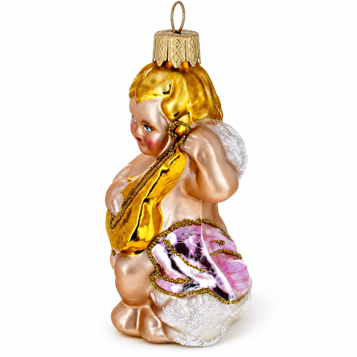 Cherub Angel Musician Playing Golden Mandolin Glass Christmas Ornament