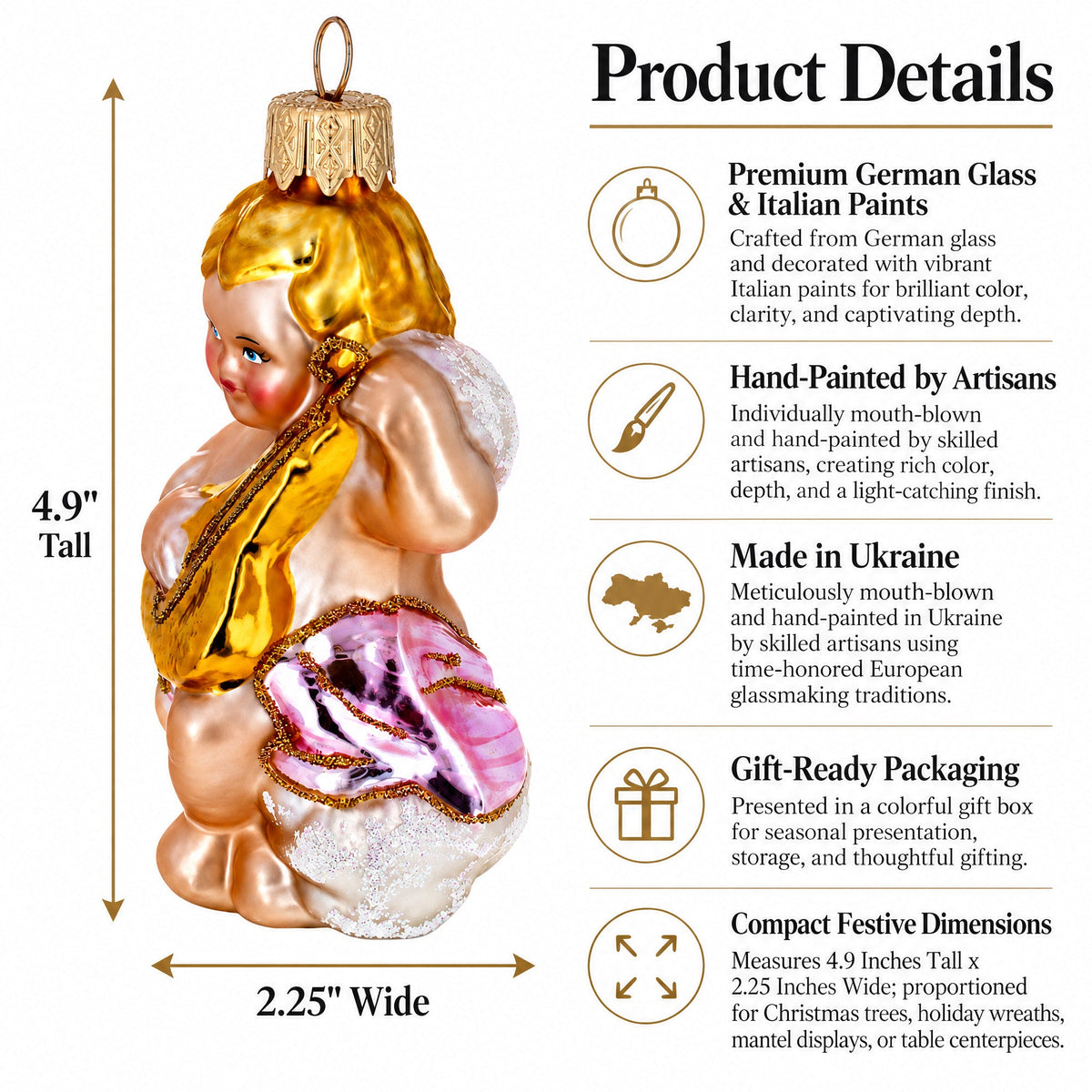 Cherub Angel Musician Playing Golden Mandolin Glass Christmas Ornament