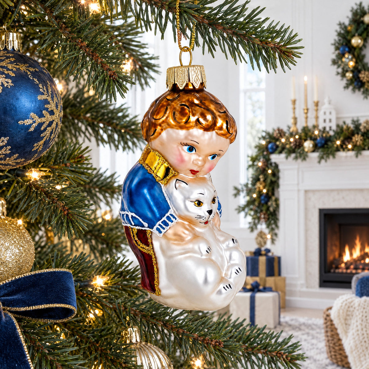 Boy Hugging White Cat Glass Christmas Ornament