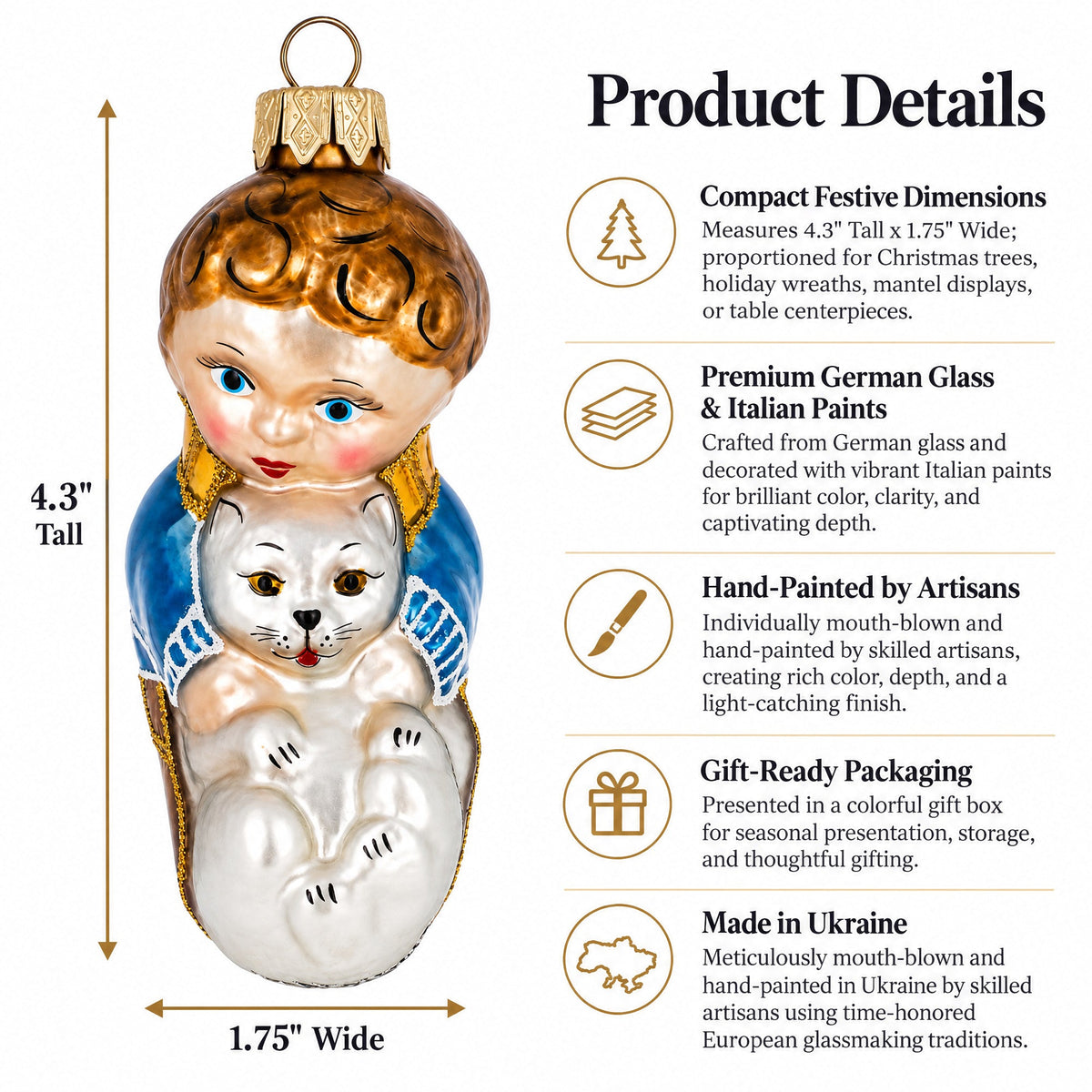 Boy Hugging White Cat Glass Christmas Ornament