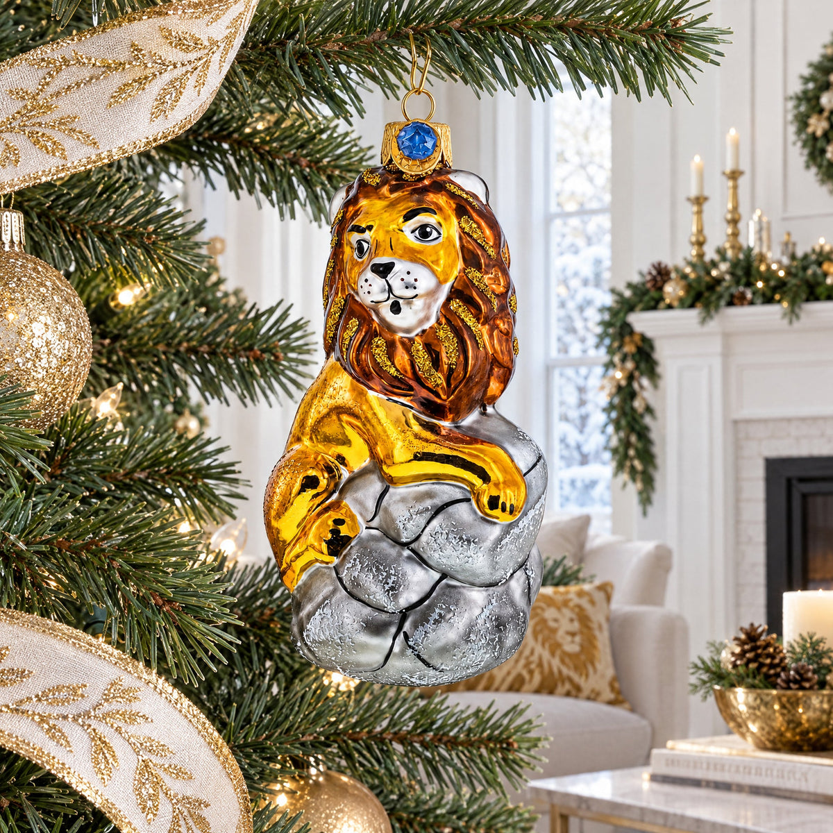 Lion on Gray Rock Glass Christmas Ornament