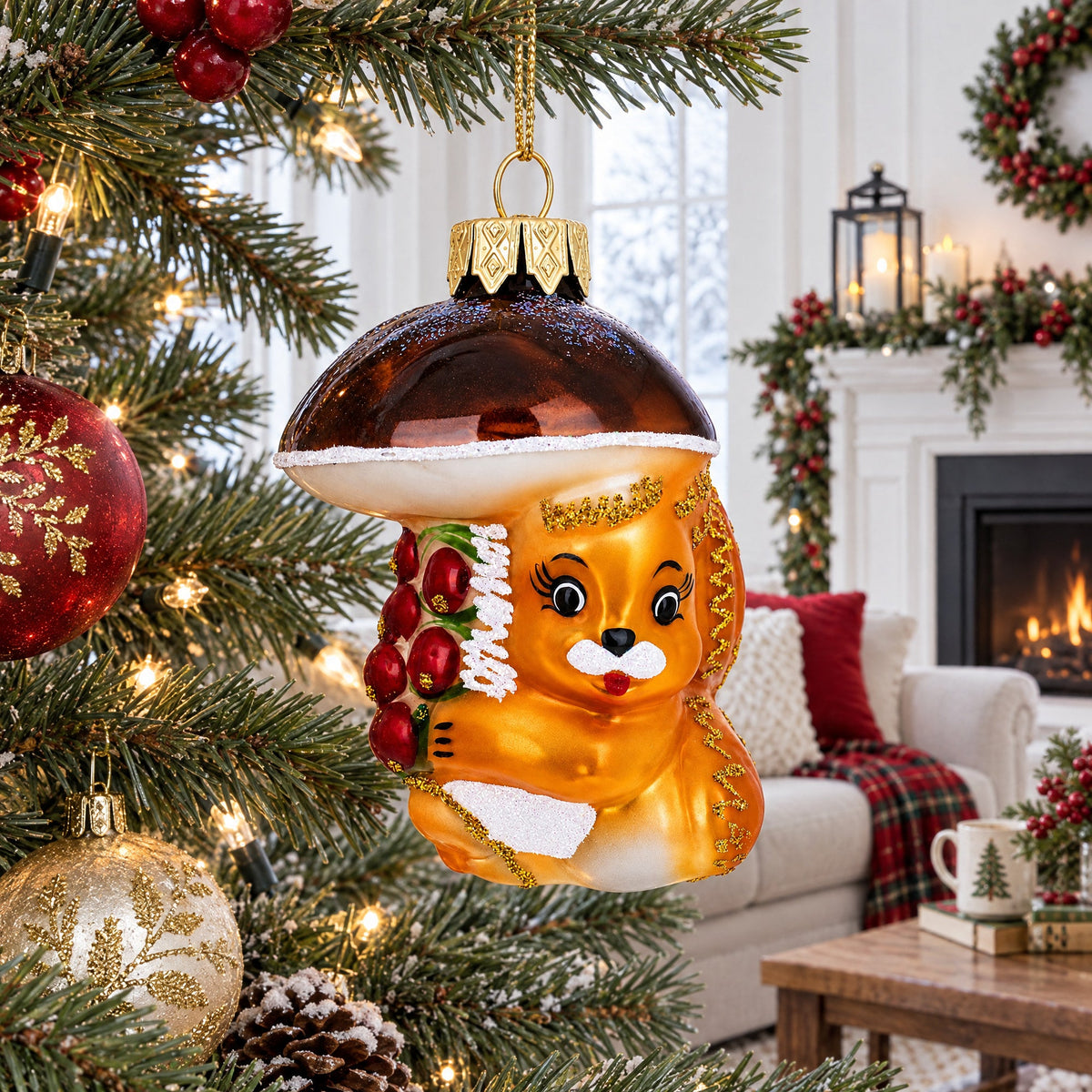 Squirrel Under Mushroom Glass Christmas Ornament