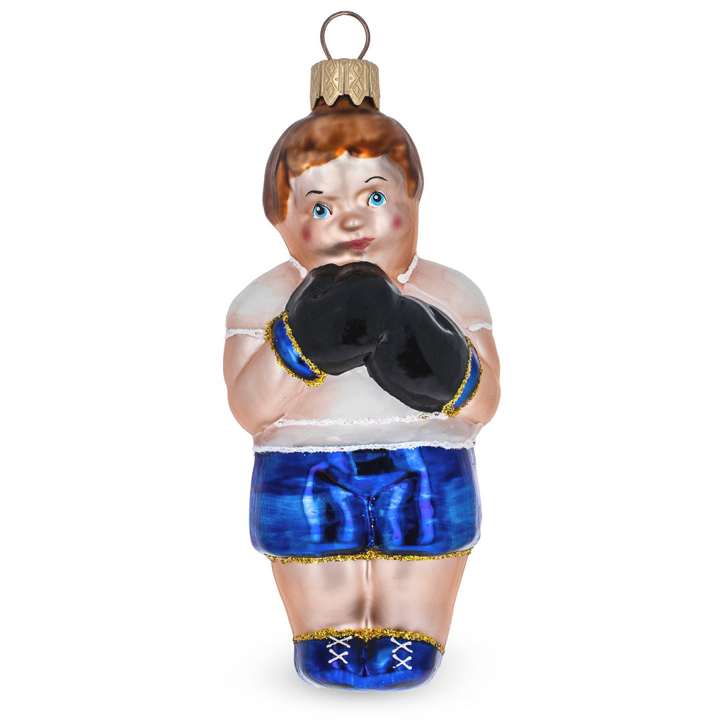 Boxer in Blue Costume Glass Christmas Ornament