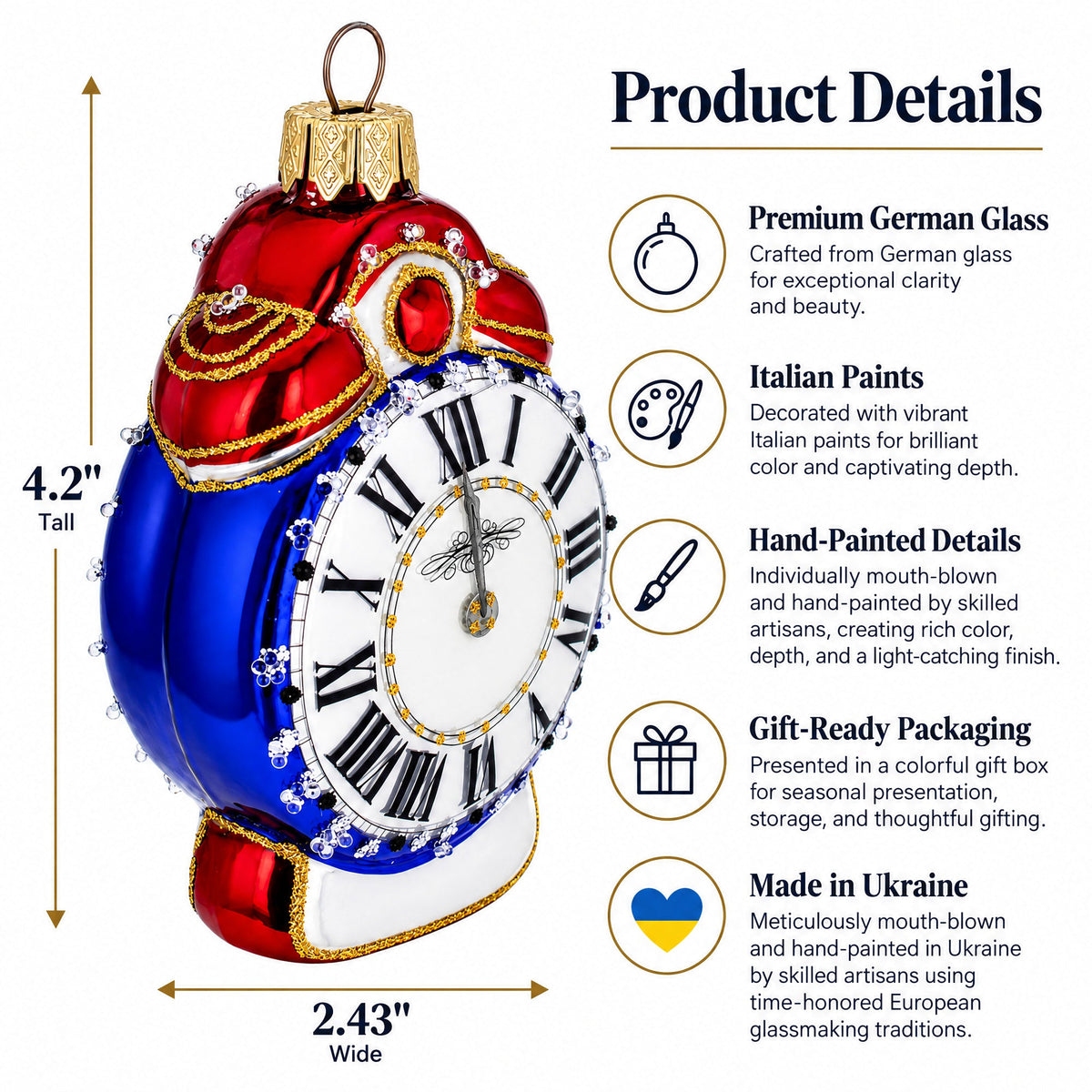 Vintage Style Alarm Clock Glass Christmas Ornament