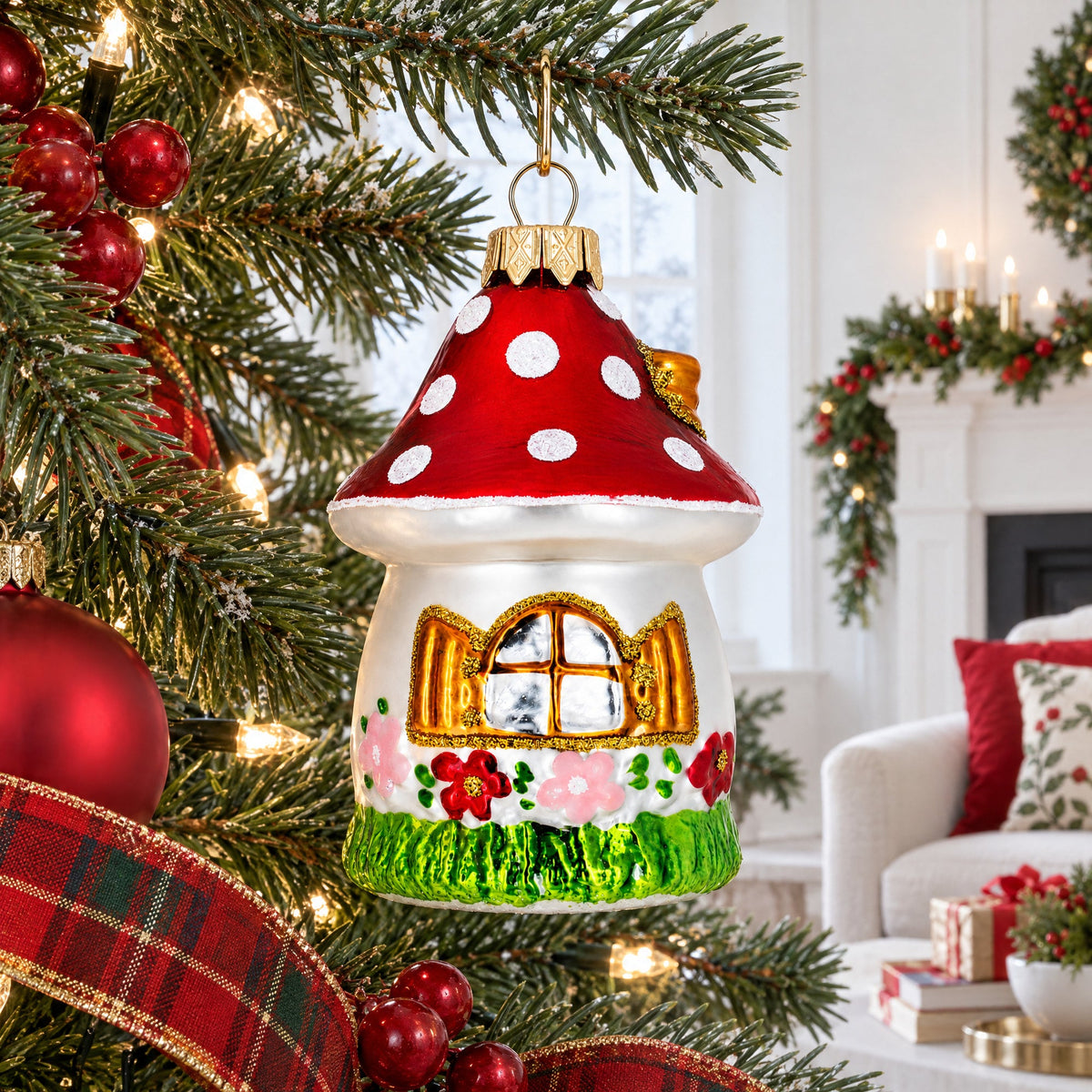 Fairy Mushroom House Glass Christmas Ornament