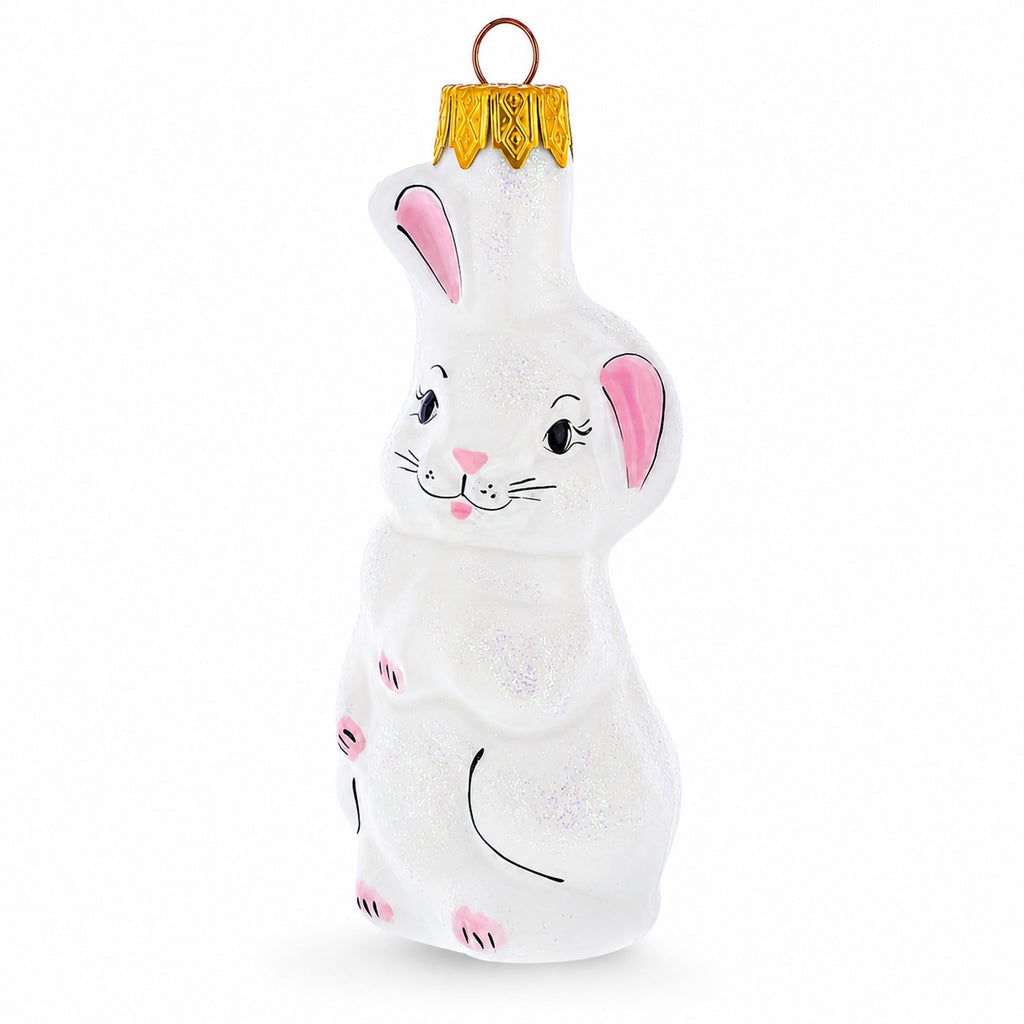 Whimsical White Bunny with Pink Ears Glass Christmas Ornament