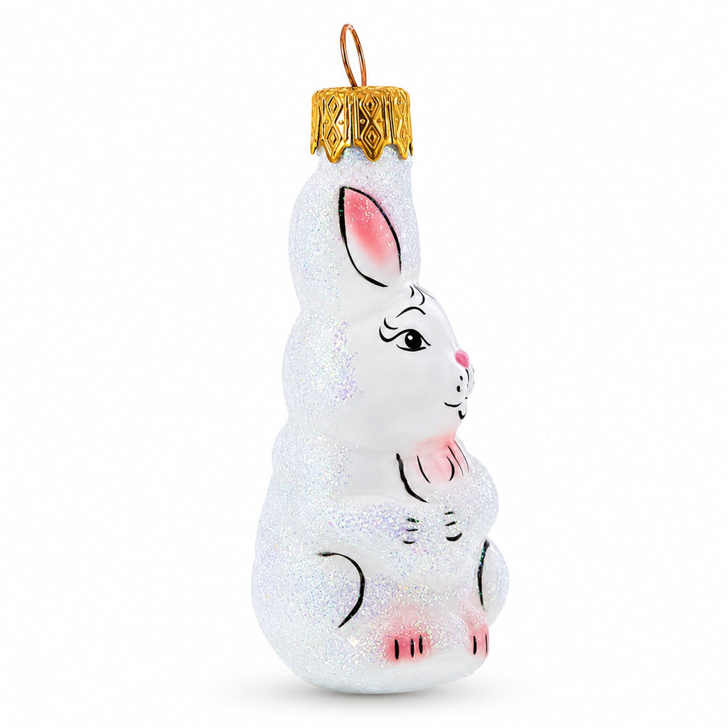 Tall Ear White Bunny Glass Christmas Ornament