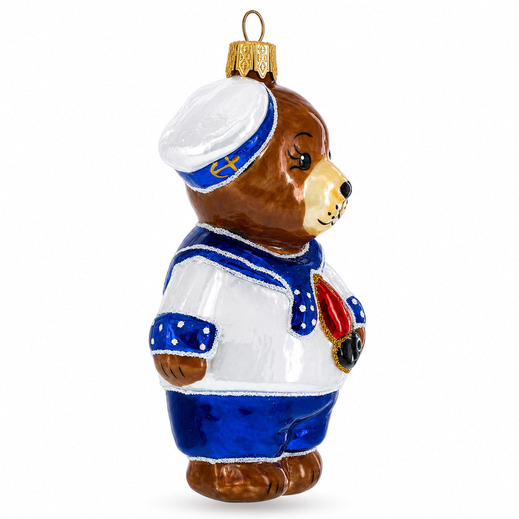 Sailor Teddy Bear with Nautical Outfit Glass Christmas Ornament