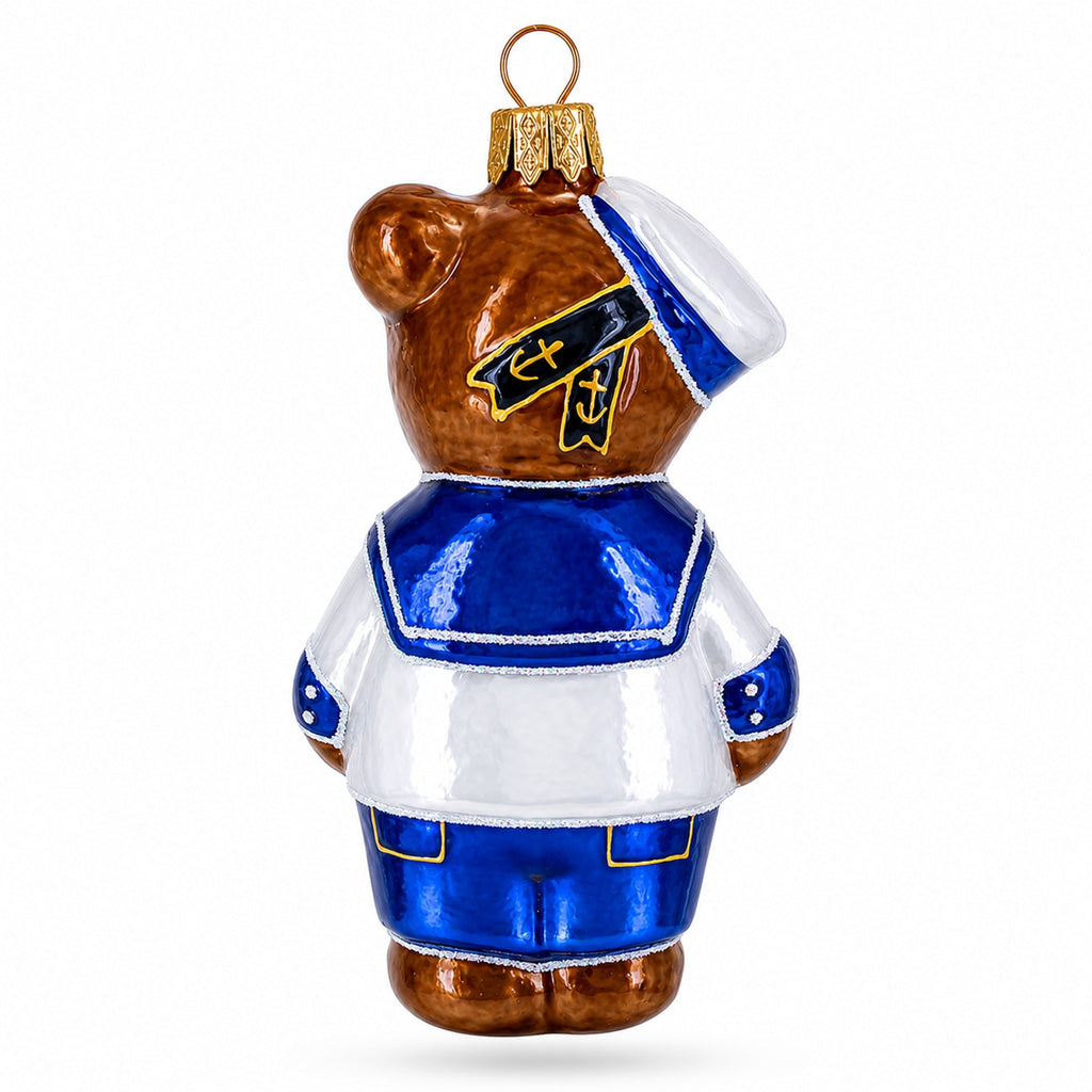 Sailor Teddy Bear with Nautical Outfit Glass Christmas Ornament