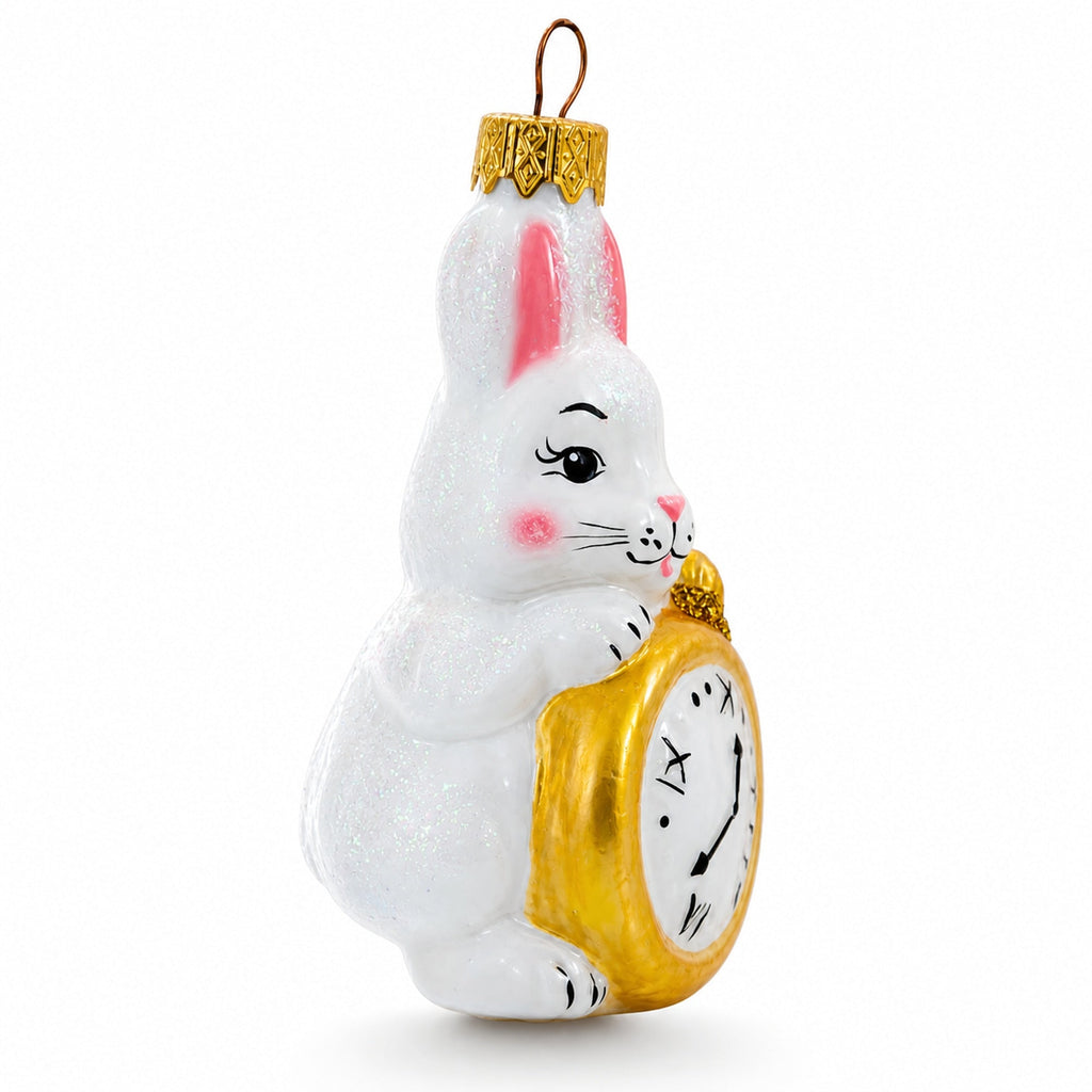 White Bunny with Timepiece Motif Glass Christmas Ornament