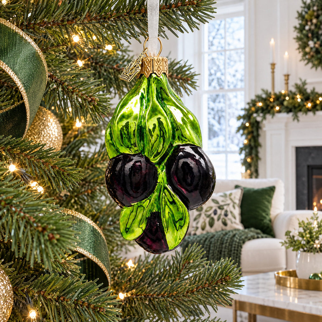 Black Olives with Glossy Green Leaves Glass Christmas Ornament