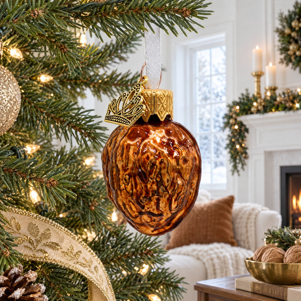 Realistic Walnut with Textured Shell Glass Christmas Ornament