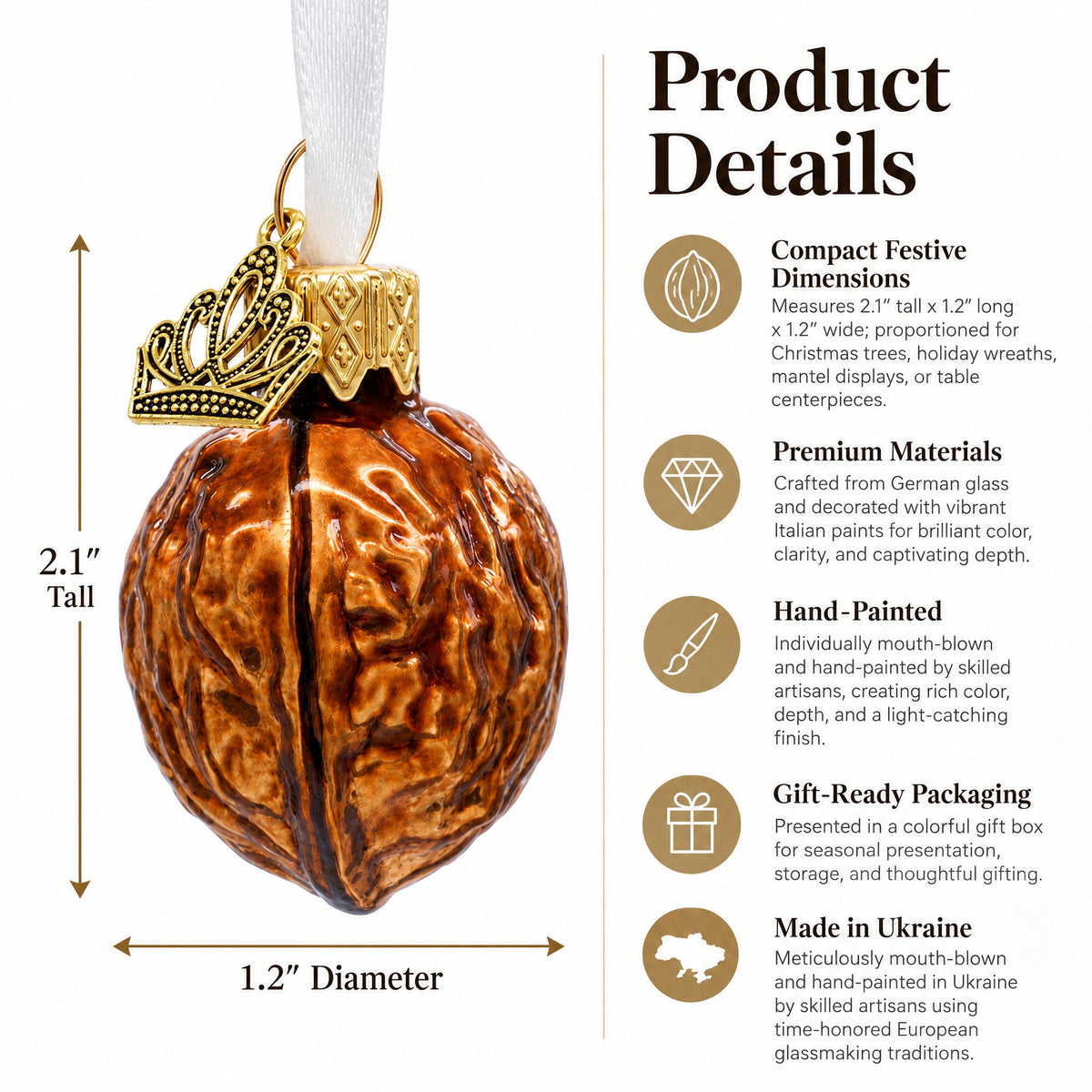 Realistic Walnut with Textured Shell Glass Christmas Ornament