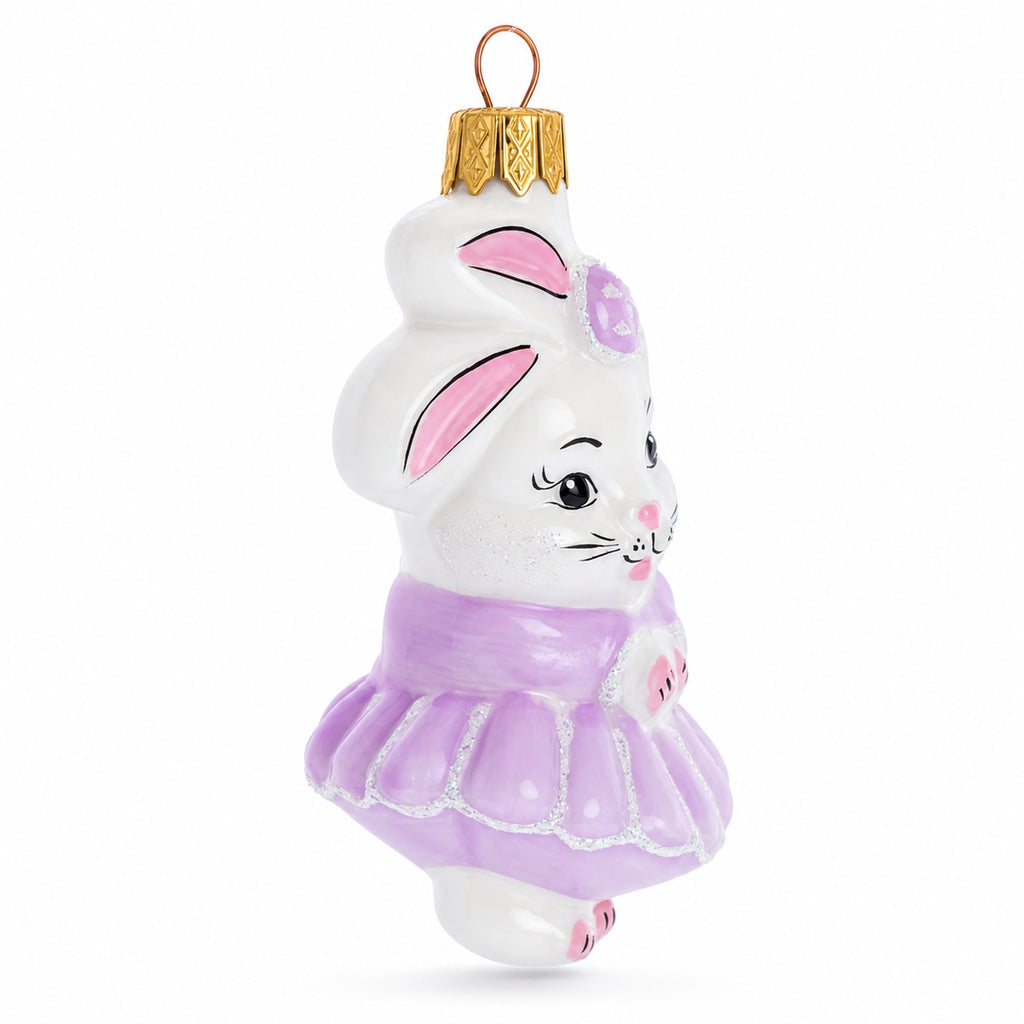 White Bunny Wearing Purple Tutu Dress Glass Christmas Ornament